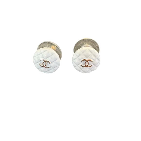 Chanel White Quilted Resin w/Gold CC Logo Earrings w/Box and COA - Picture 2 of 8